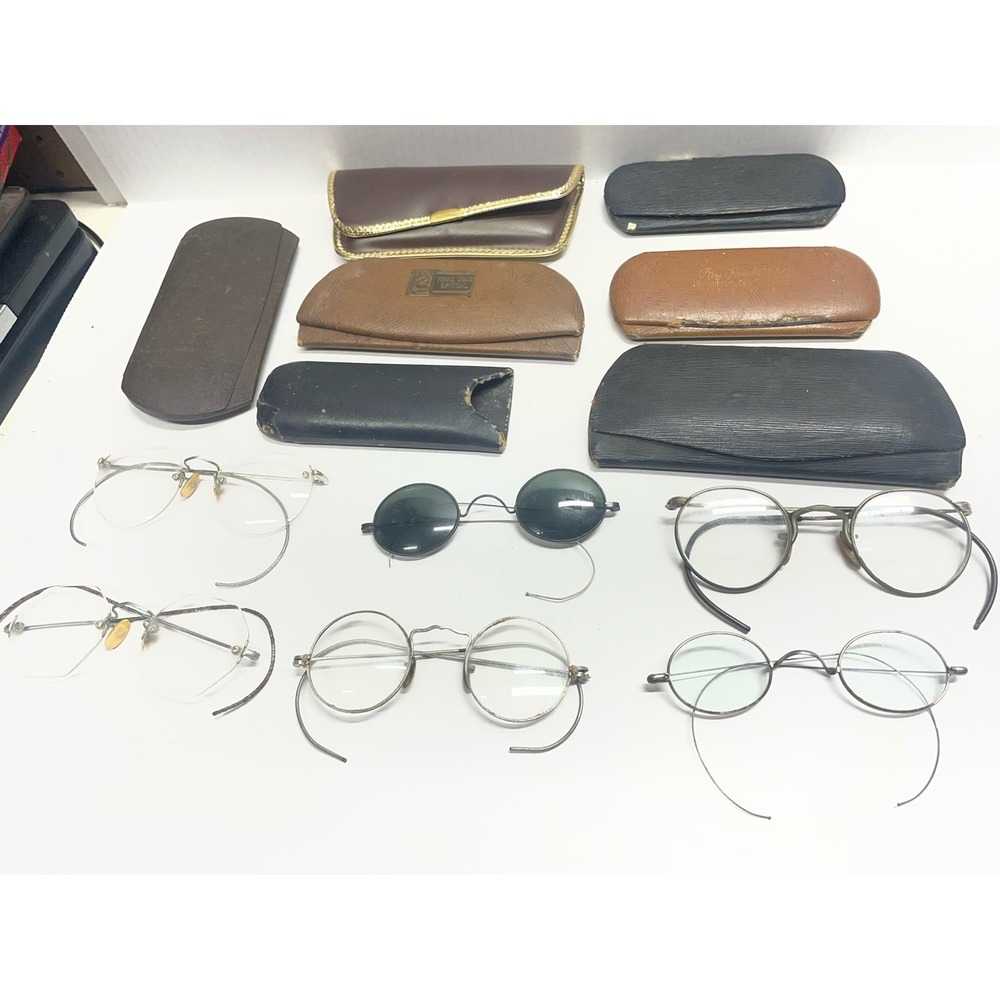 Lot Of 6 Vintage Wire Frame Eyeglasses w Metal Cases